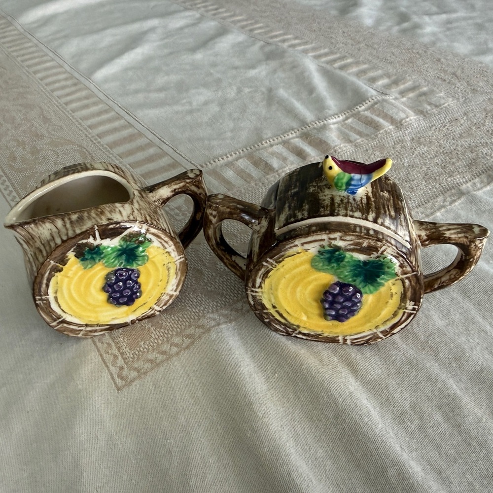 🍇Rustic Logs Ceramic Creamer and Sugar Set🍇